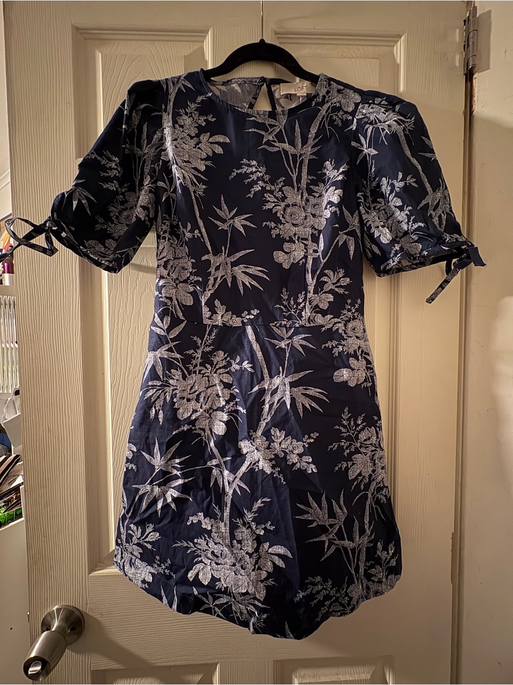 LOFT Navy Blue Dress with White Botanical Print